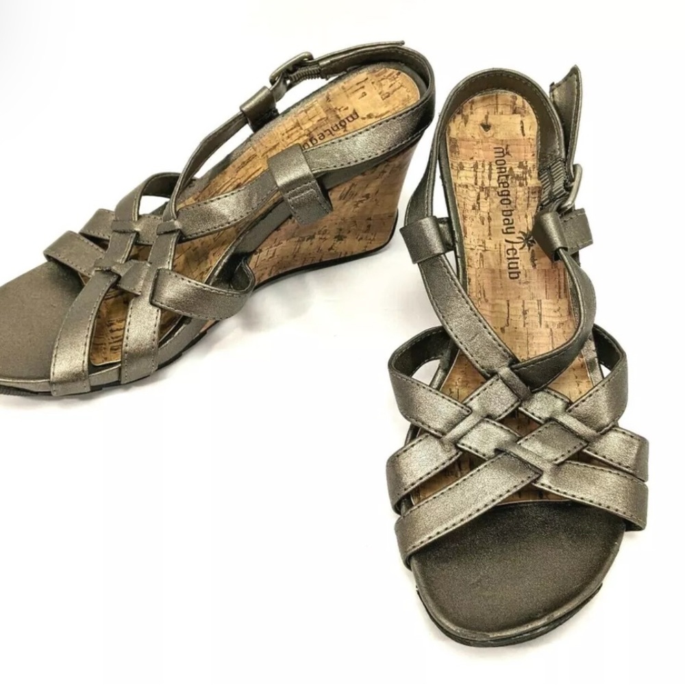 Women's Size 9 Montego Bay Club Pewter Wedge Sandals Cork Heel Excellent